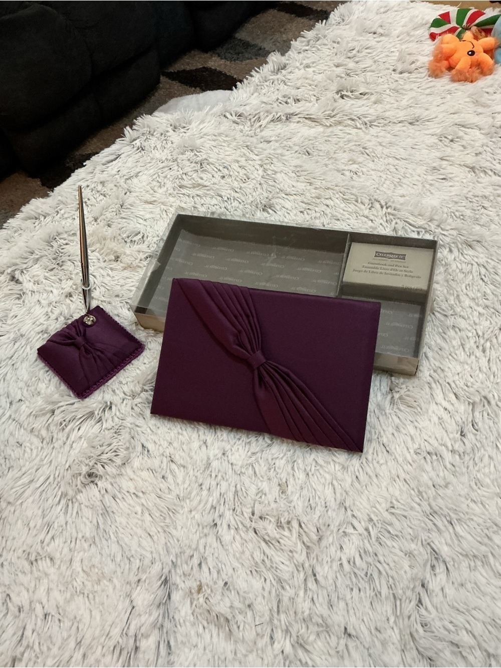 Celebrate It Plum Satin Wedding Guest Book & Pen Set Elegant Reception Decor - Picture 2 of 12